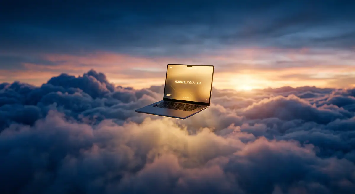 Ein aufgeklappter Laptop schwebt über einem Wolkenmeer im ersten Morgenlicht.