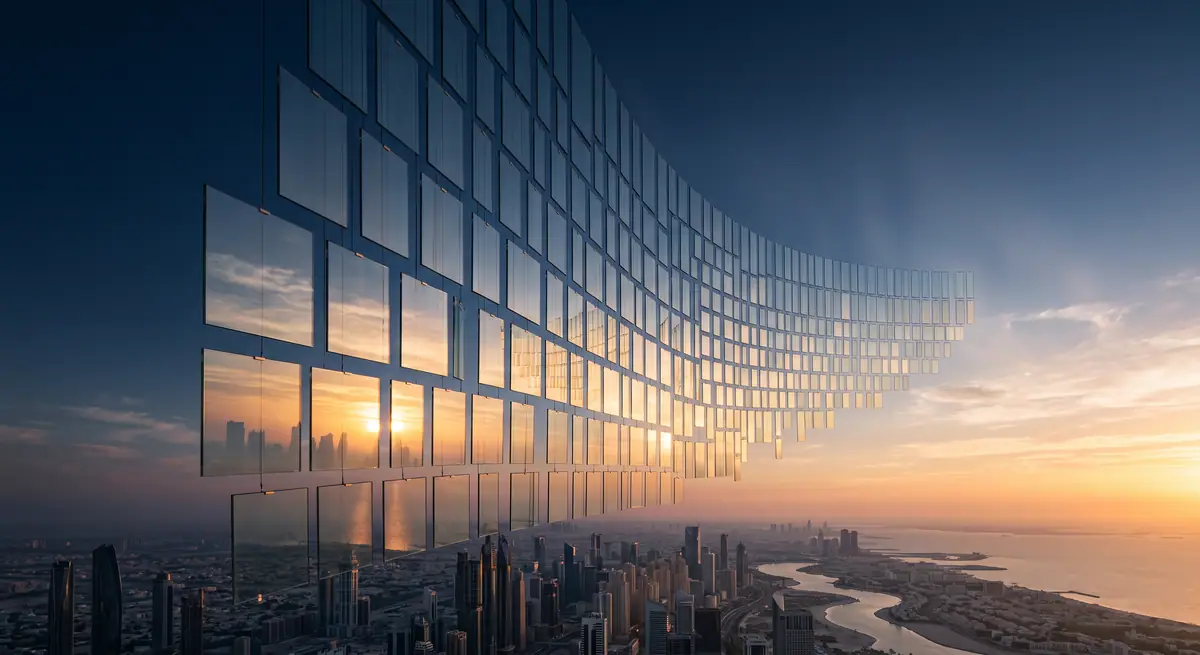 Eine geschwungene Wand aus Glasscheiben über einer Stadt am Meer spiegelt den Sonnenaufgang.